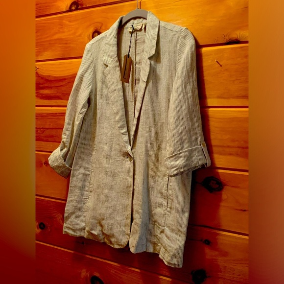 NEW Christian Siriano Jacket White Striped 100% Linen Roll Tab One Button Small - Picture 1 of 10